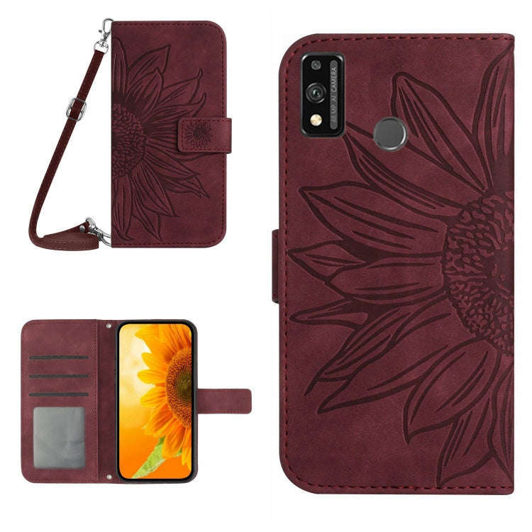 For Honor 9X Lite Skin Feel Sun Flower Pattern Flip Leather Phone Case with Lanyard(Wine Red)
