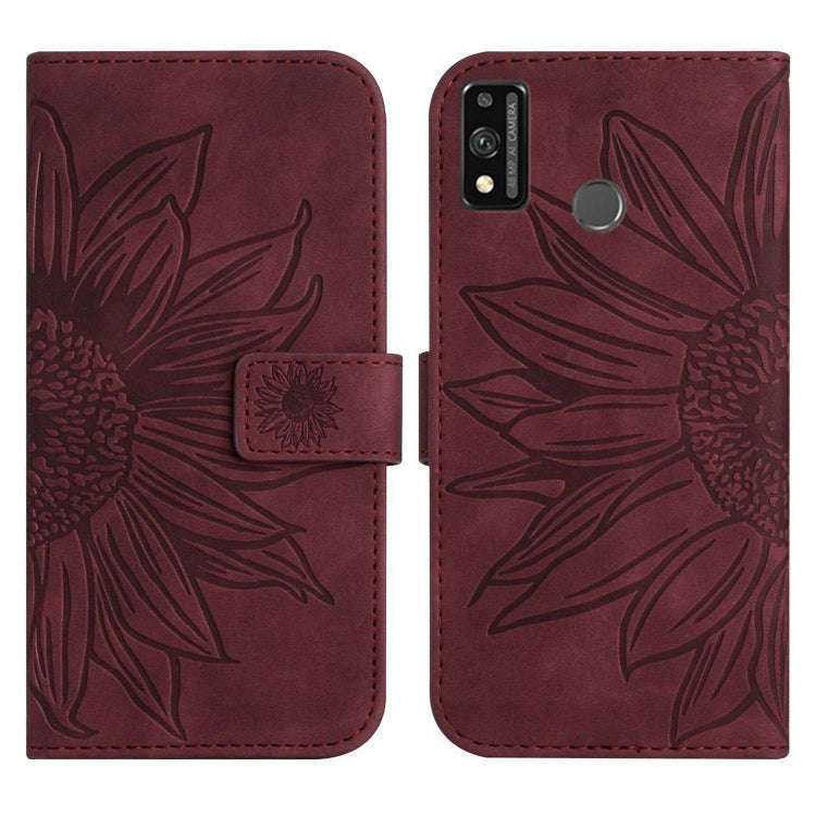 For Honor 9X Lite Skin Feel Sun Flower Pattern Flip Leather Phone Case with Lanyard(Wine Red)