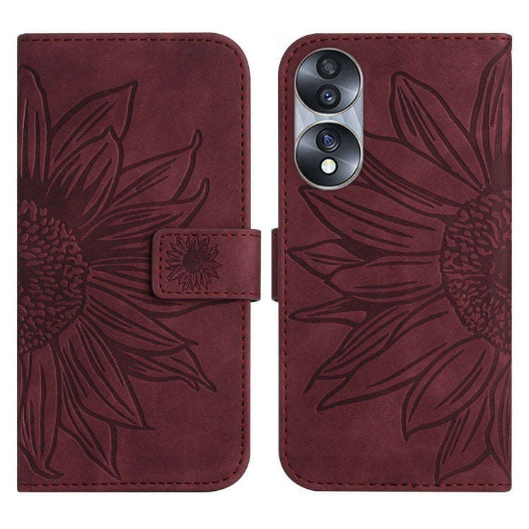 For Honor 70 Skin Feel Sun Flower Pattern Flip Leather Phone Case with Lanyard(Wine Red)