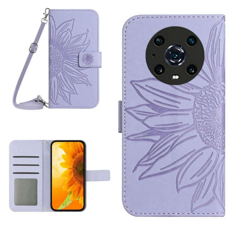 For Honor Magic4 Pro Skin Feel Sun Flower Pattern Flip Leather Phone Case with Lanyard(Purple)