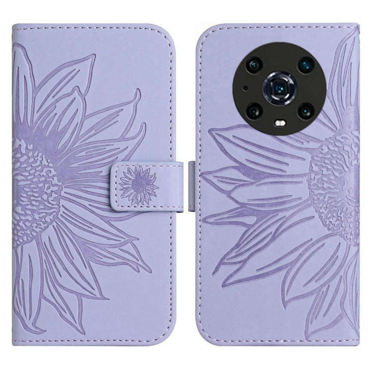For Honor Magic4 Pro Skin Feel Sun Flower Pattern Flip Leather Phone Case with Lanyard(Purple)