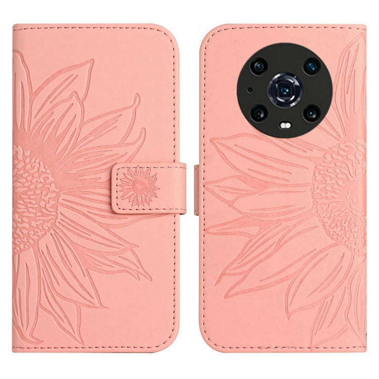 For Honor Magic4 Pro Skin Feel Sun Flower Pattern Flip Leather Phone Case with Lanyard(Pink)