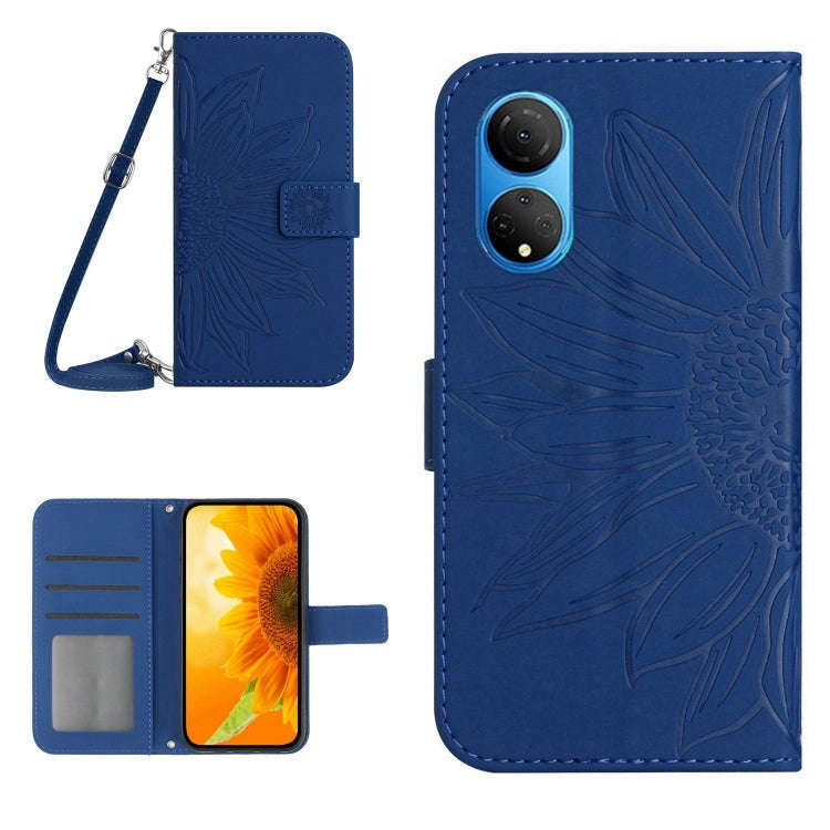 For Honor X7 Skin Feel Sun Flower Pattern Flip Leather Phone Case with Lanyard(Dark Blue)
