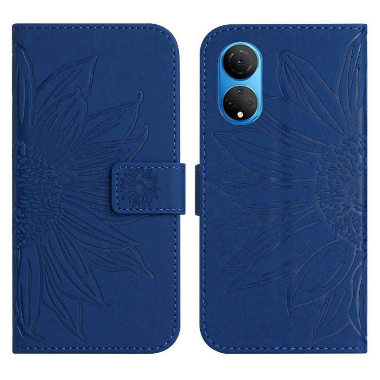 For Honor X7 Skin Feel Sun Flower Pattern Flip Leather Phone Case with Lanyard(Dark Blue)