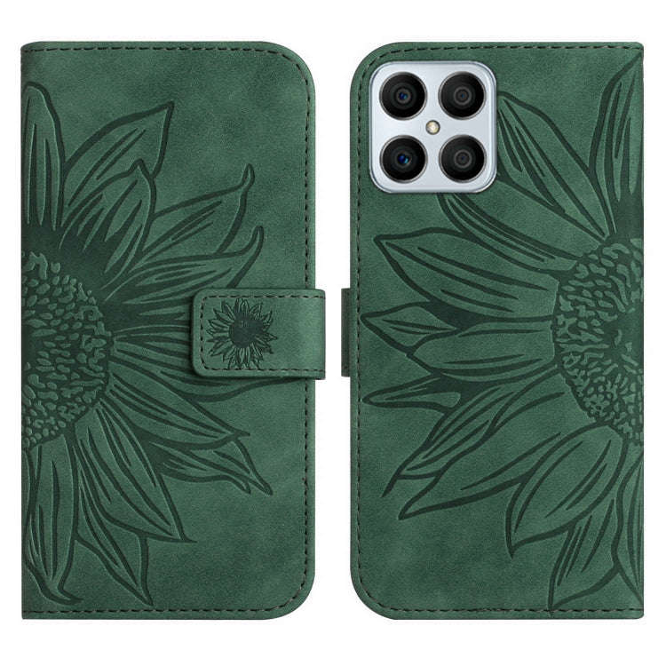 For Honor X8 Skin Feel Sun Flower Pattern Flip Leather Phone Case with Lanyard(Green)