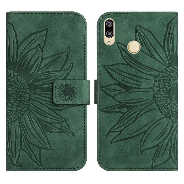 For Huawei P20 Lite Skin Feel Sun Flower Pattern Flip Leather Phone Case with Lanyard(Green)