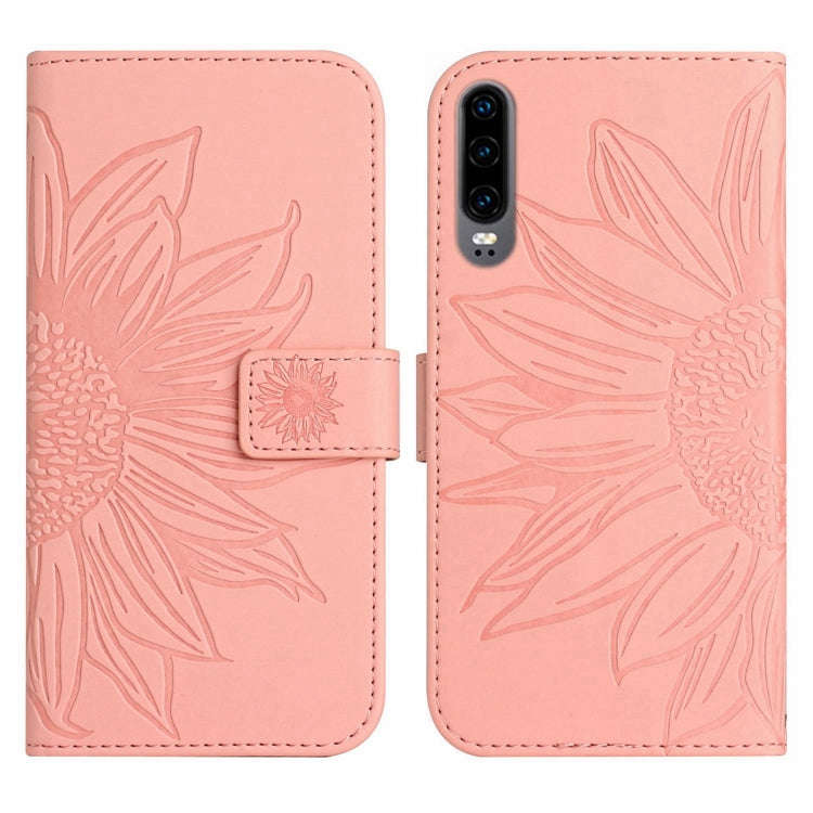 For Huawei P30 Skin Feel Sun Flower Pattern Flip Leather Phone Case with Lanyard(Pink)