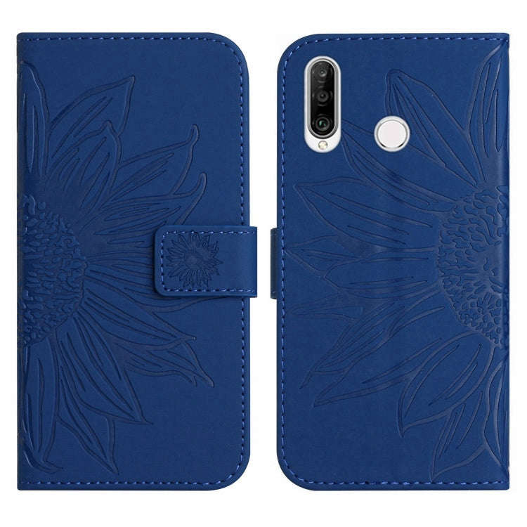 For Huawei P30 Lite Skin Feel Sun Flower Pattern Flip Leather Phone Case with Lanyard(Dark Blue)