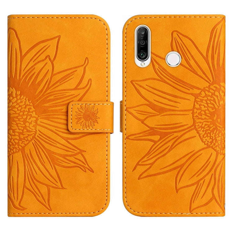 For Huawei P30 Lite Skin Feel Sun Flower Pattern Flip Leather Phone Case with Lanyard(Yellow)