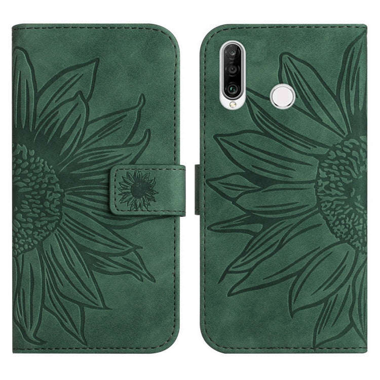 For Huawei P30 Lite Skin Feel Sun Flower Pattern Flip Leather Phone Case with Lanyard(Green)