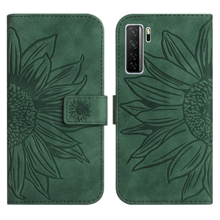 For Huawei P40 Lite 5G Skin Feel Sun Flower Pattern Flip Leather Phone Case with Lanyard(Green)
