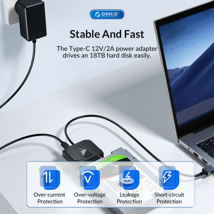 ORICO UTS1 Type-C / USB-C USB 3.0 2.5-inch SATA HDD Adapter with 12V 2A Power Adapter, Cable Leng...