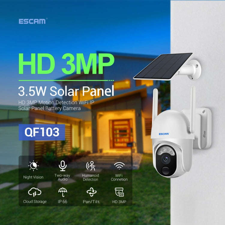 ESCAM QF103 3MP Cloud Storage PT WIFI PIR Alarm IP Camera with Solar Panel Battery Support Full C...
