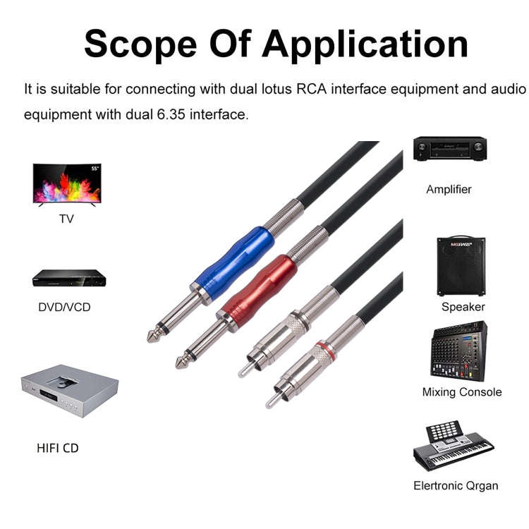 3051K63 Dual RCA Male to Dual 6.35mm 1/4 inch Male Mixer Audio Cable, Length:2m