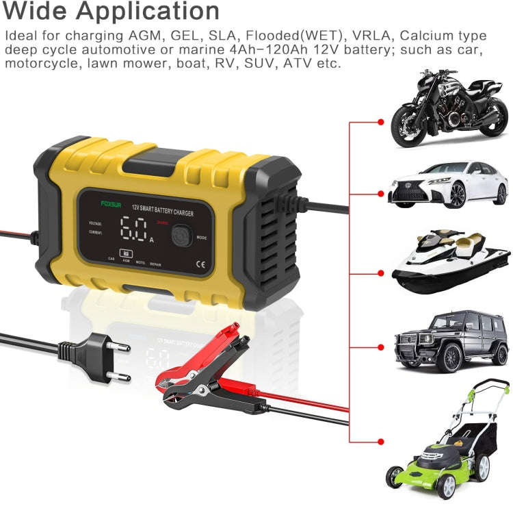 FOXSUR 6A 12V Motorcycle / Car Smart Battery Charger, Plug Type:EU Plug(Yellow)