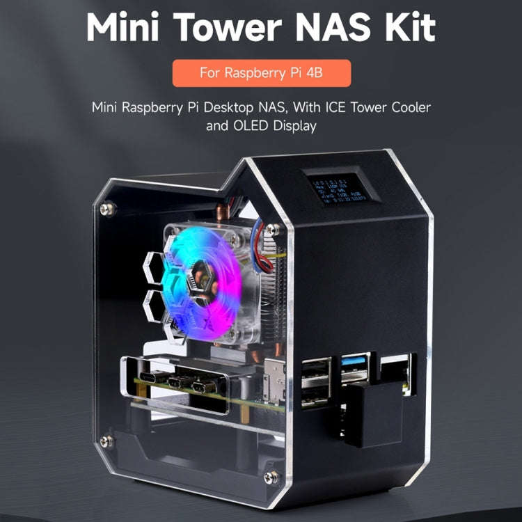Waveshare Mini Tower NAS Kit for Raspberry Pi 4B Support Up to 2TB M.2 SATA SSD(Black)