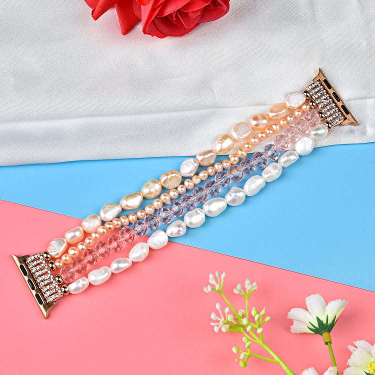 For Apple Watch 5 & 4 40mm / 3 & 2 & 1 38mm Pearl Crystal Watch Band(Pearl + Pink Crystal)
