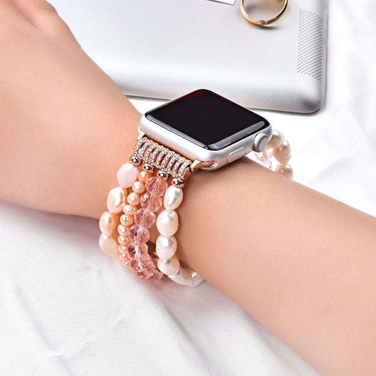 For Apple Watch 5 & 4 40mm / 3 & 2 & 1 38mm Pearl Crystal Watch Band(Pearl + Pink Crystal)
