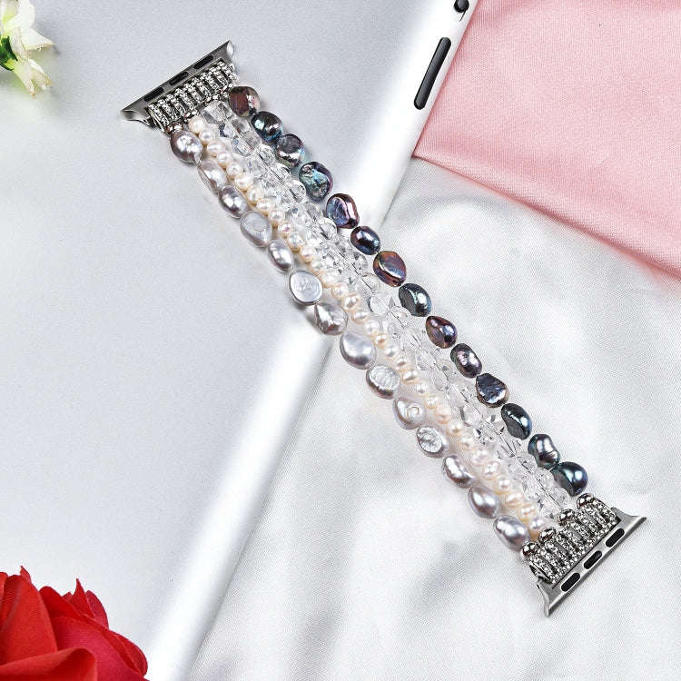 For Apple Watch 5 & 4 40mm / 3 & 2 & 1 38mm Pearl Crystal Watch Band(Pearl + White Crystal)