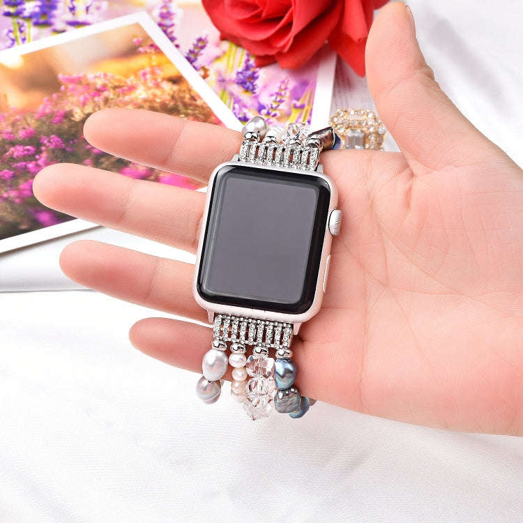 For Apple Watch 5 & 4 40mm / 3 & 2 & 1 38mm Pearl Crystal Watch Band(Pearl + White Crystal)