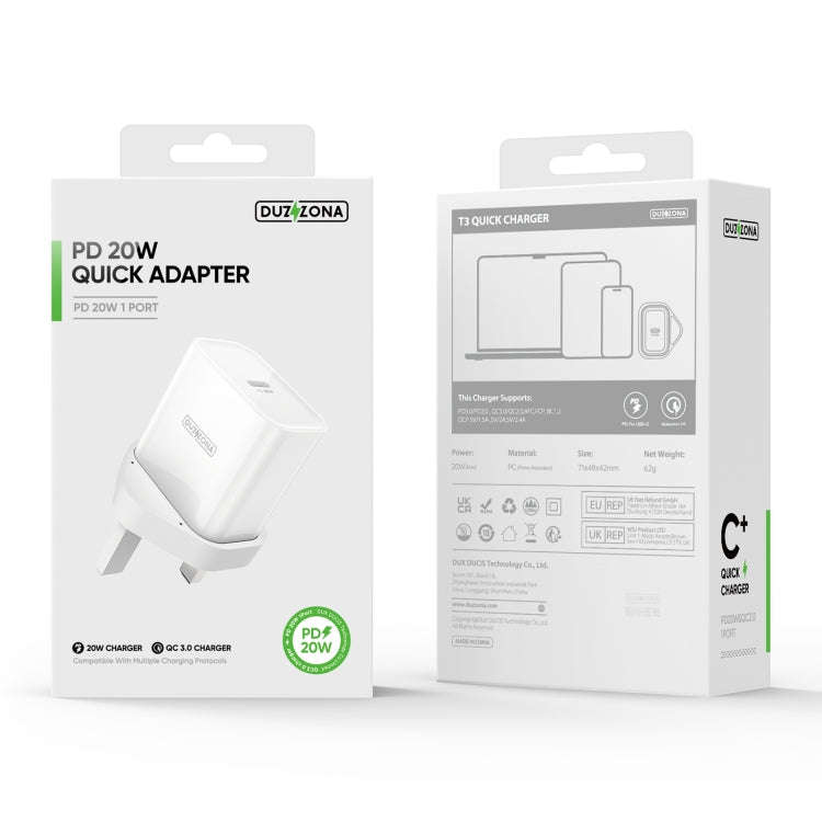 DUZZONA T3 PD 20W USB-C/Type-C Single Port Travel Charger, UK Plug(White)