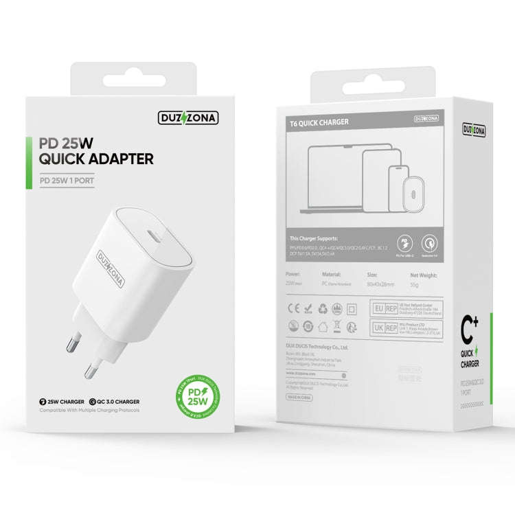 DUZZONA T6 PD 25W USB-C/Type-C Single Port Travel Charger,EU Plug(White)