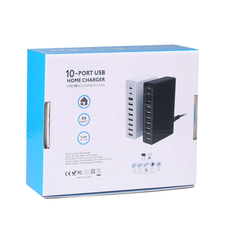 MFT-03Q 10 in 1 65W QC3.0 USB Smart Fast Charger, Plug Type:US Plug(White)
