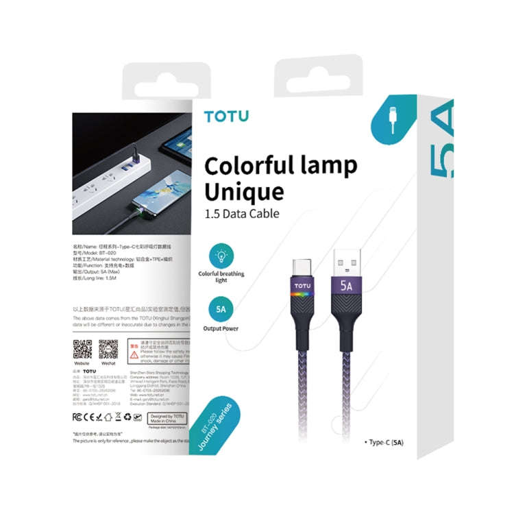 TOTU BT-020 Journey Series USB to Type-C Colorful Breathing Light Data Cable, Length:1.5m(Black)