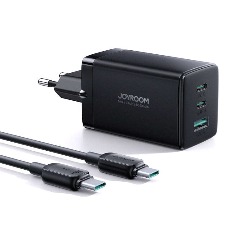 JOYROOM TCG01 GaN Ultra 65W 2 Type-C + 1 USB Fast Charger with 1.2m Type-C Cable, Plug:EU Plug(Bl...
