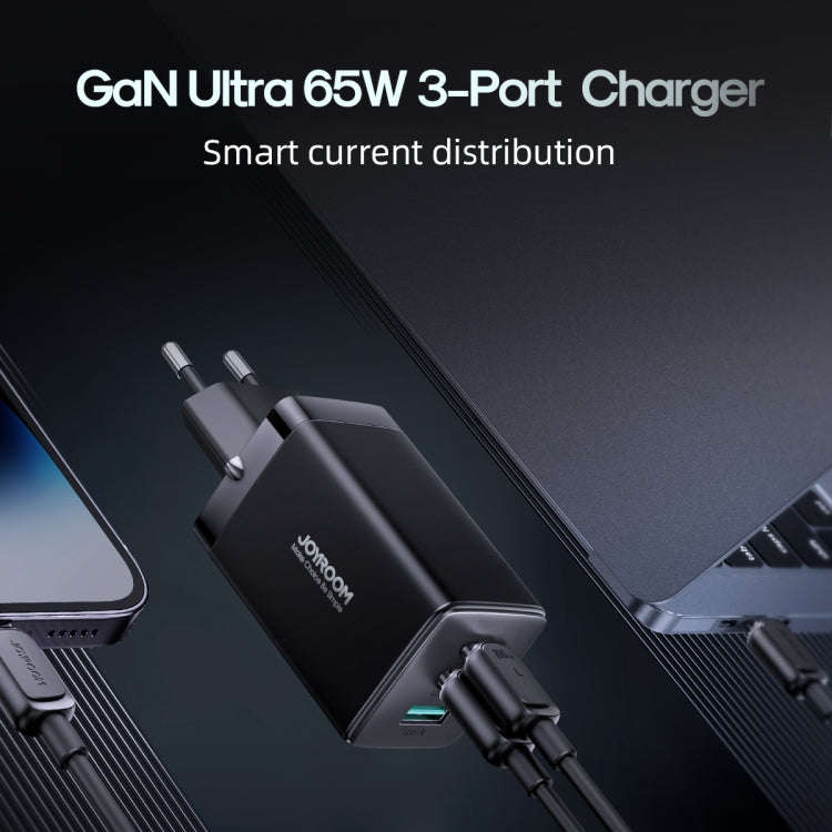 JOYROOM TCG01 GaN Ultra 65W 2 Type-C + 1 USB Fast Charger with 1.2m Type-C Cable, Plug:EU Plug(Bl...