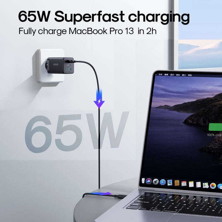 JOYROOM TCG01 GaN Ultra 65W 2 Type-C + 1 USB Fast Charger with 1.2m Type-C Cable, Plug:EU Plug(Bl...