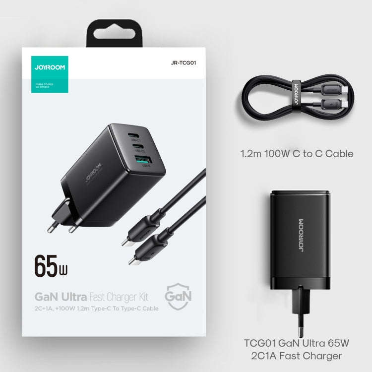 JOYROOM TCG01 GaN Ultra 65W 2 Type-C + 1 USB Fast Charger with 1.2m Type-C Cable, Plug:EU Plug(Bl...