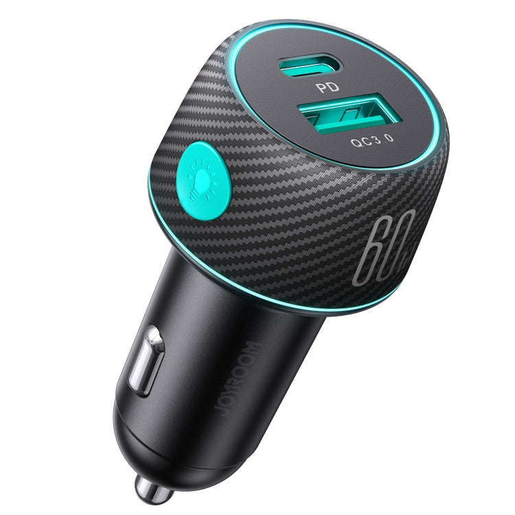 JOYROOM JR-CCN01 60W USB+USB-C / Type-C Multi-color Car Charger with Light Button(Black)