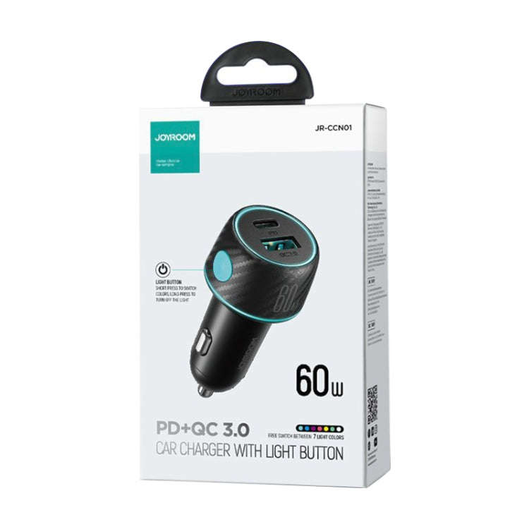 JOYROOM JR-CCN01 60W USB+USB-C / Type-C Multi-color Car Charger with Light Button(Black)