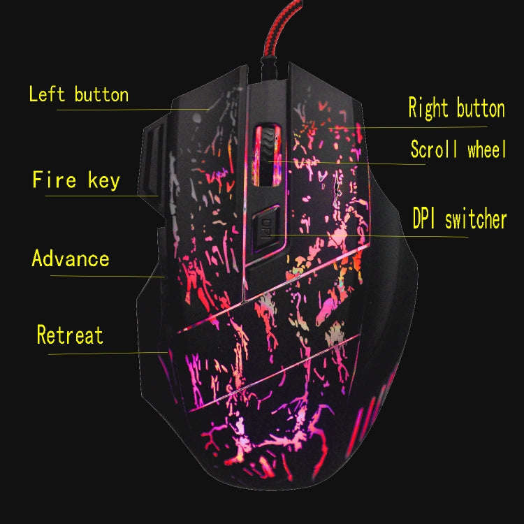 HXSJ A874 7-keys Flowing Water Crack Colorful Luminous Wired Gaming Mouse