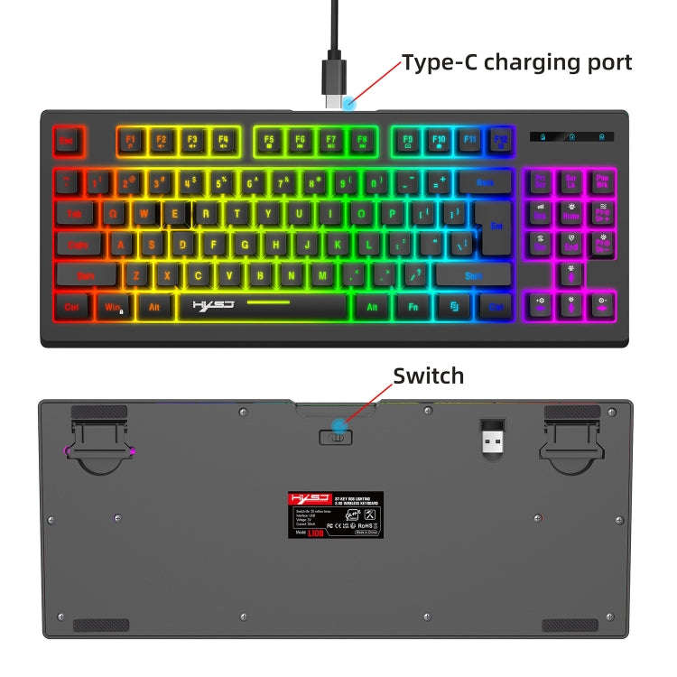 HXSJ L100 87 Keys RGB Backlit Film 2.4G Wireless Keyboard(Black)