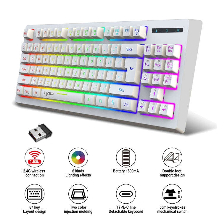 HXSJ L100 87 Keys RGB Backlit Film 2.4G Wireless Keyboard(White)