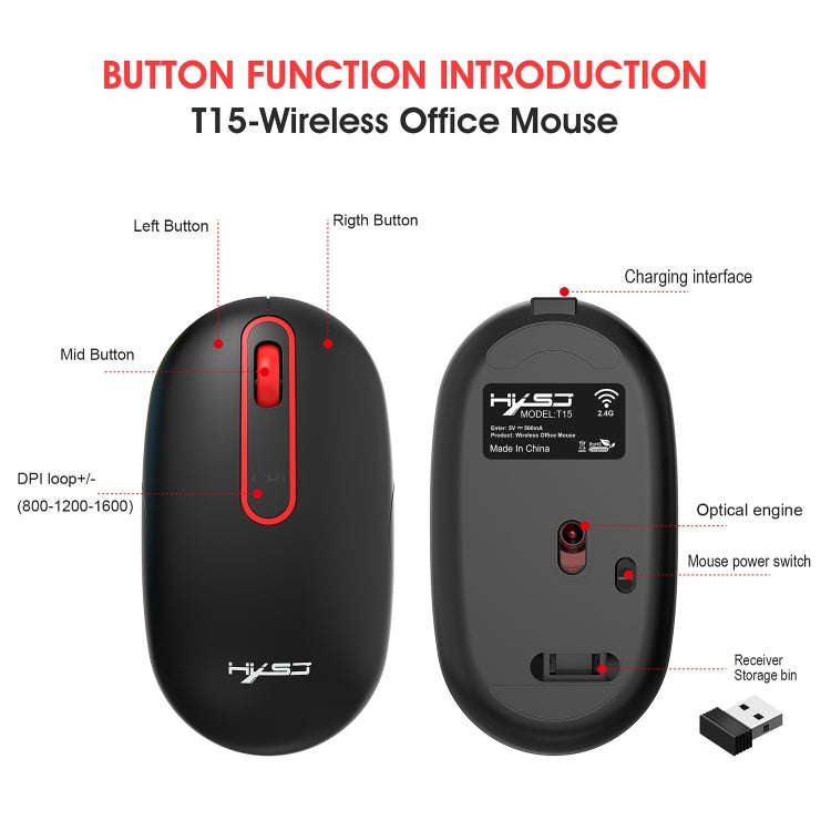 HXSJ T15 2.4GHz 4 Keys Wireless Mute Mouse(Black)