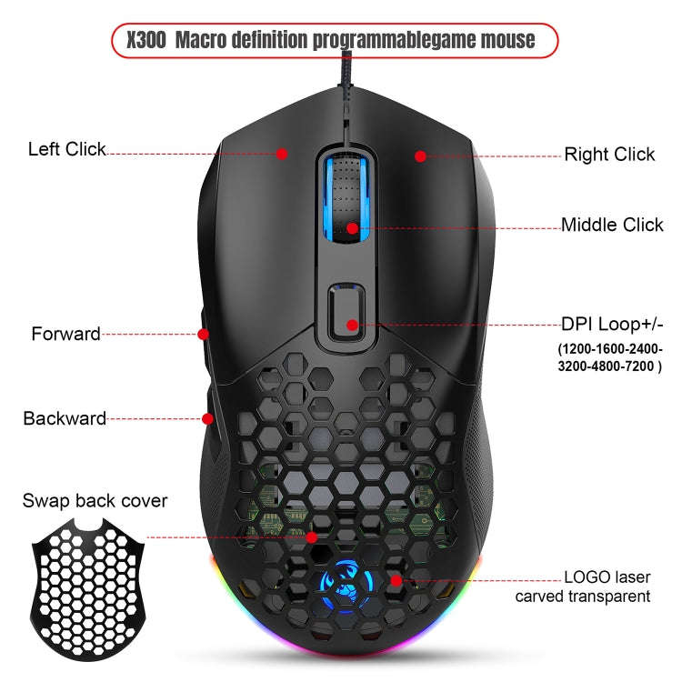 HXSJ X300 7200DPI RGB Backlight Interchangeable Back Cover Hole Gaming Wired Mouse(Black)
