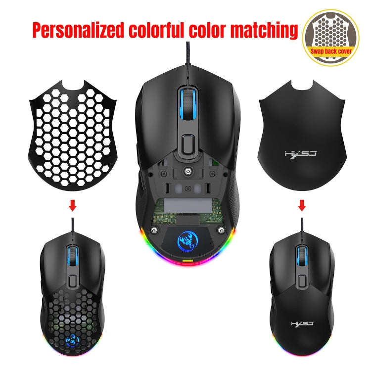 HXSJ X300 7200DPI RGB Backlight Interchangeable Back Cover Hole Gaming Wired Mouse(Black)