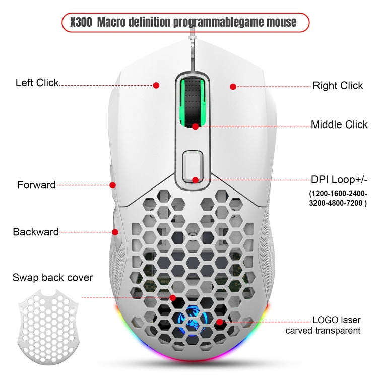 HXSJ X300 7200DPI RGB Backlight Interchangeable Back Cover Hole Gaming Wired Mouse(White)