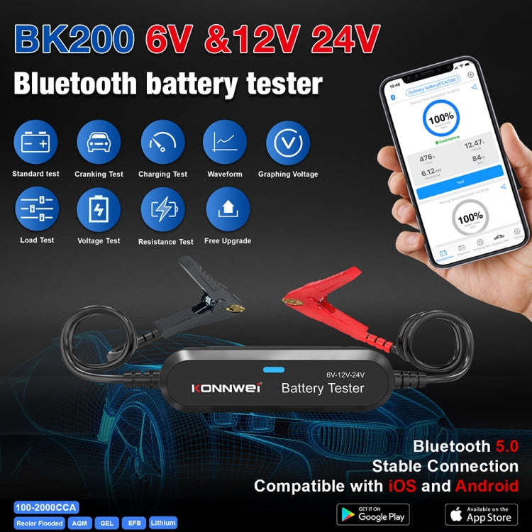 KONNWEI BK200 6V/12V/24V Car Bluetooth Battery Tester(Black)