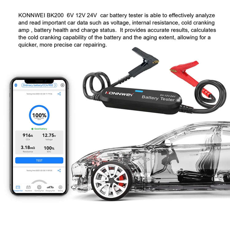 KONNWEI BK200 6V/12V/24V Car Bluetooth Battery Tester(Black)
