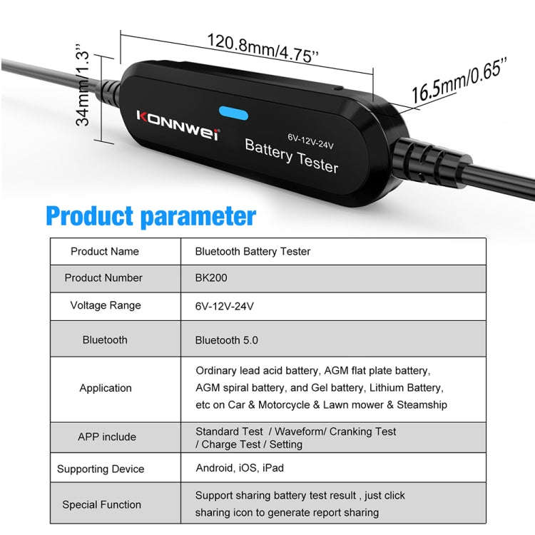 KONNWEI BK200 6V/12V/24V Car Bluetooth Battery Tester(Black)
