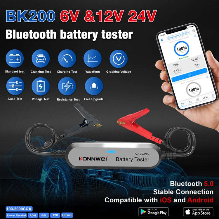 KONNWEI BK200 6V/12V/24V Car Bluetooth Battery Tester(Silver)