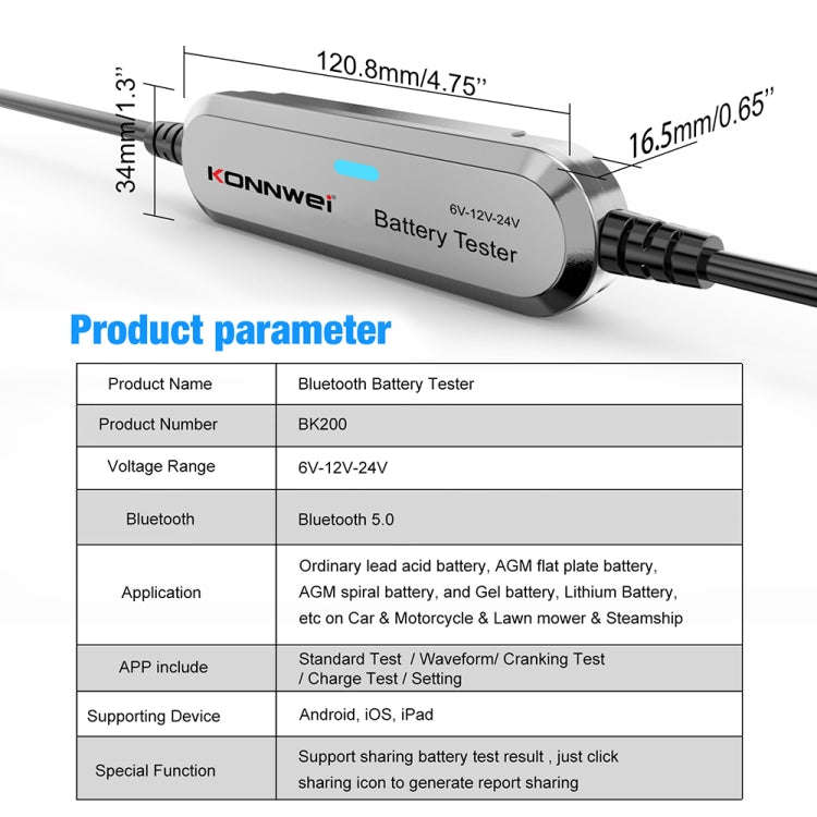 KONNWEI BK200 6V/12V/24V Car Bluetooth Battery Tester(Silver)