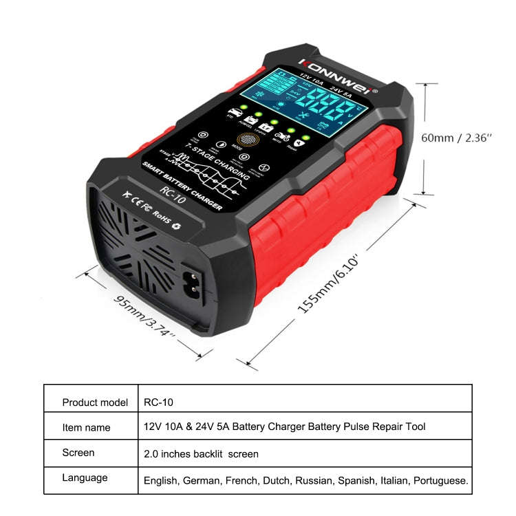 KONNWEI RC-10 2 inch Car Battery Charger Battery Pulse Repair Tool, Plug Type:US Plug