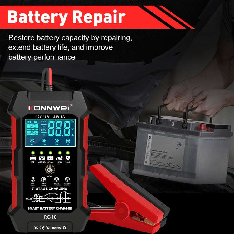 KONNWEI RC-10 2 inch Car Battery Charger Battery Pulse Repair Tool, Plug Type:UK Plug