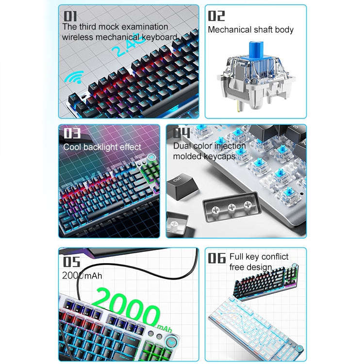 AULA F3001 Backlit 87 Keys Wired/Wireless/Bluetooth Three Model Mechanical Gaming Keyboard(Silver...