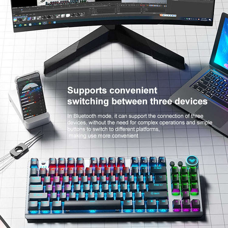 AULA F3001 Backlit 87 Keys Wired/Wireless/Bluetooth Three Model Mechanical Gaming Keyboard(Silver...